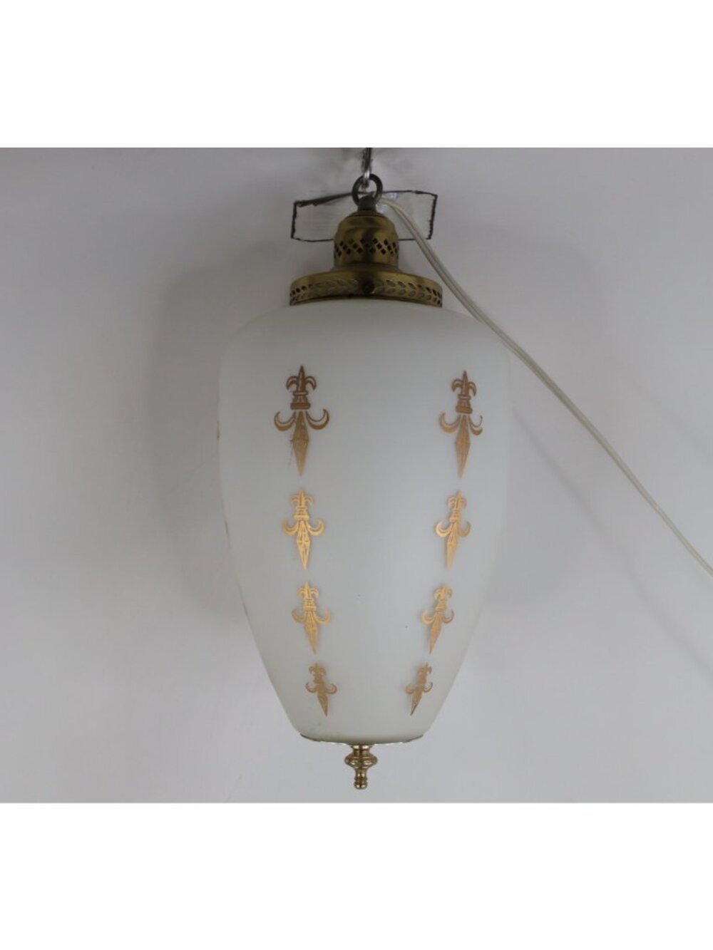 Vintage 70s Mid Century Modern MCM Fleur de Lis Milk Glass Hanging Lamp Light